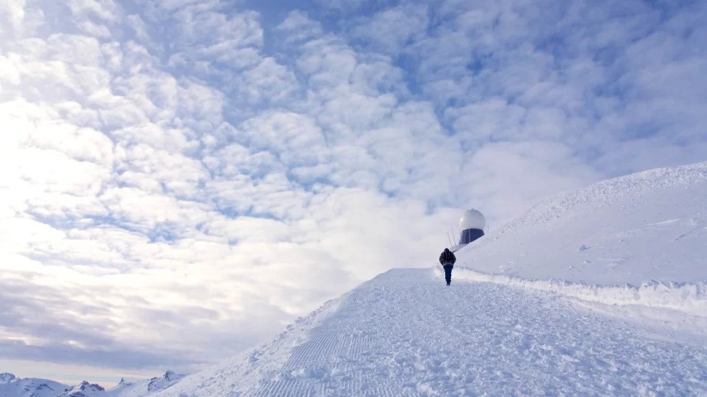Snowy Mountain Clouds Sky Path Person Dome