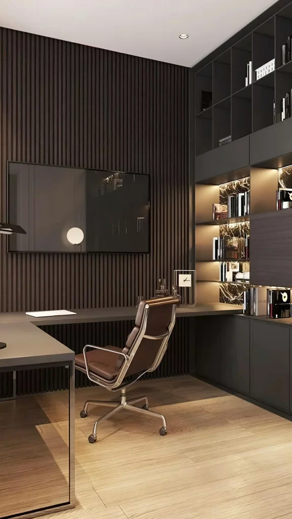 Sophisticated Home Office Slatted Walls