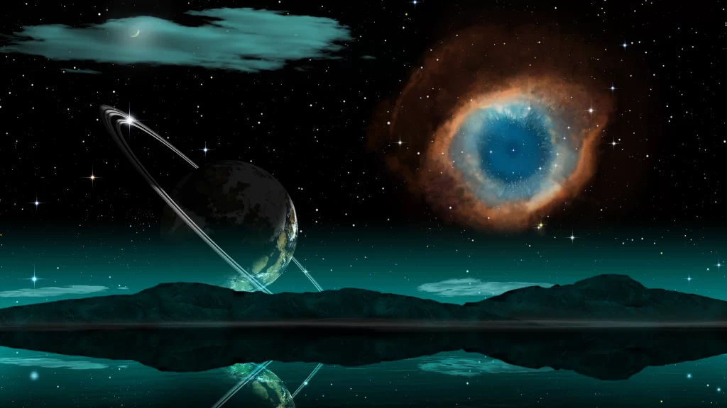 space planet rings nebula stars reflection