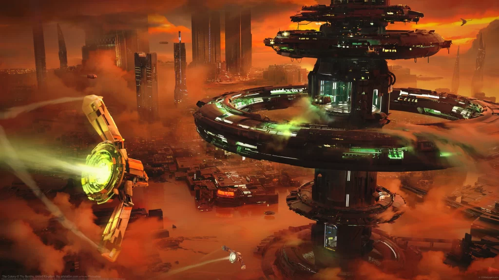 spaceship futuristic cityscape tower sunset atmosphere technology adventure