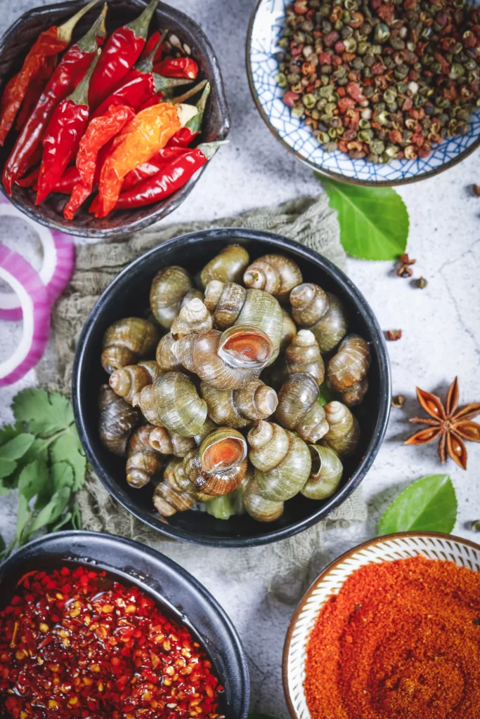 Spicy Snails Red Chili Green Herbs