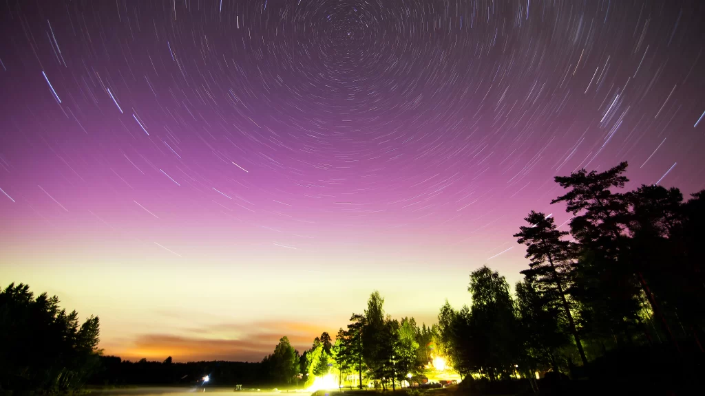 Starry Sky Long Exposure Trees Twilight Colorful Serene