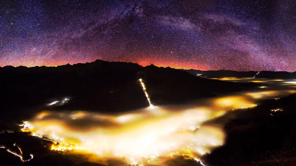stars night sky landscape lights mountains clouds horizon