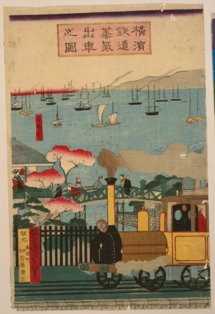 Steam Locomotive Traditional Art Japanese Culture Sailing Ships Cherry Blossoms Historical Scene