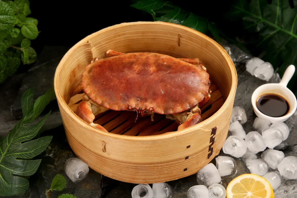 Steamed Crab Brown Shell Bamboo Basket Ice Lemon