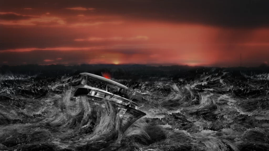 stormy sea boat waves sunset dramatic survival