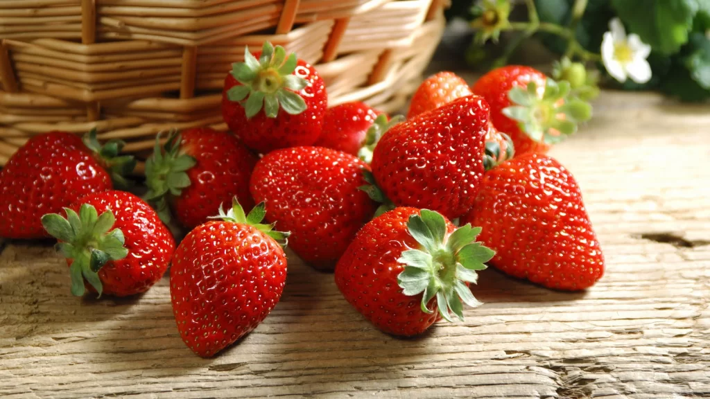 Strawberries Basket Wooden Table Fresh Red Green