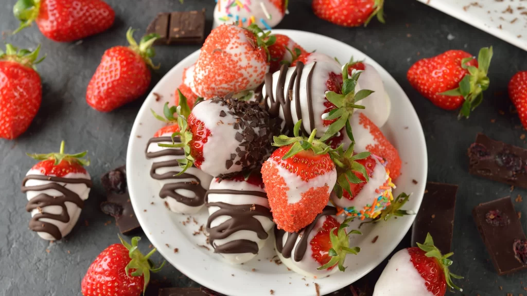 Strawberries Chocolate Drizzle Sprinkles Plate Dark Background