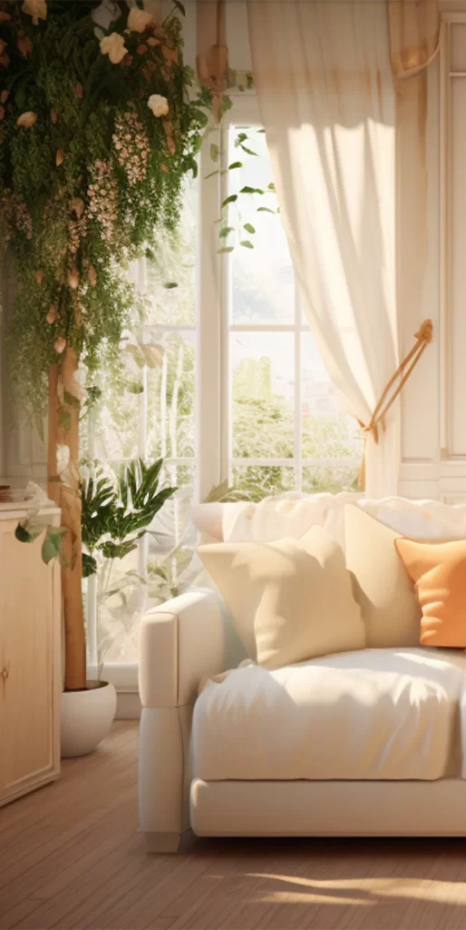Sunlit White Sofa with Trailing Vine and Window