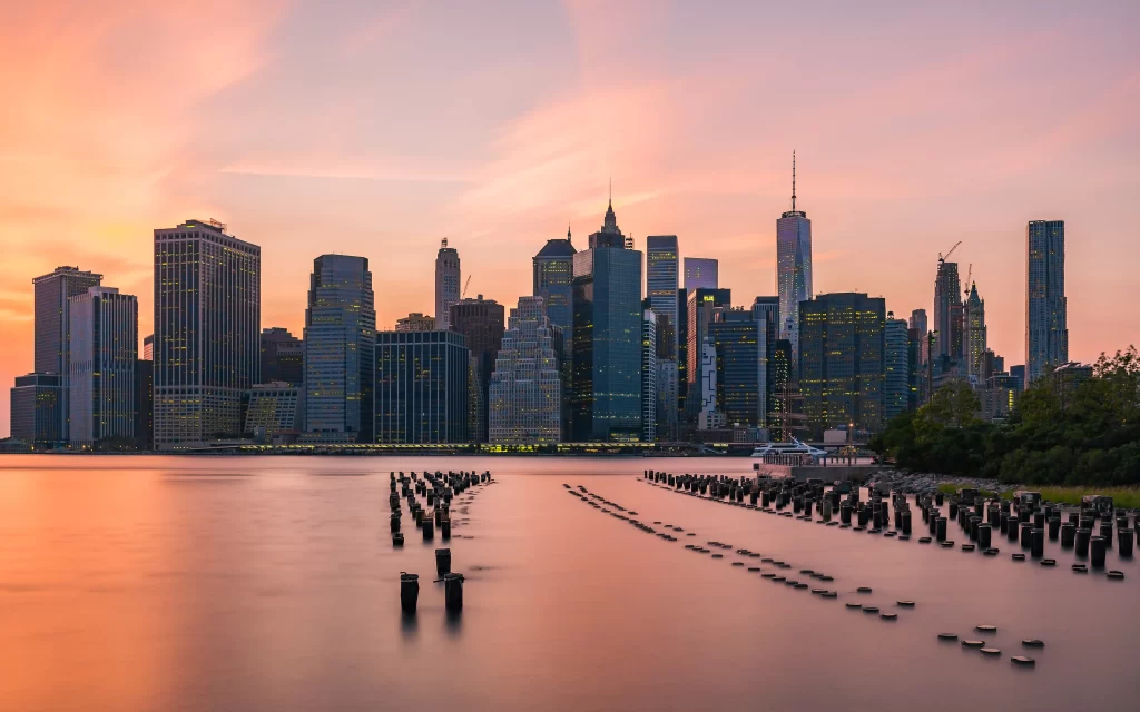 sunset cityscape skyline skyscrapers waterfront