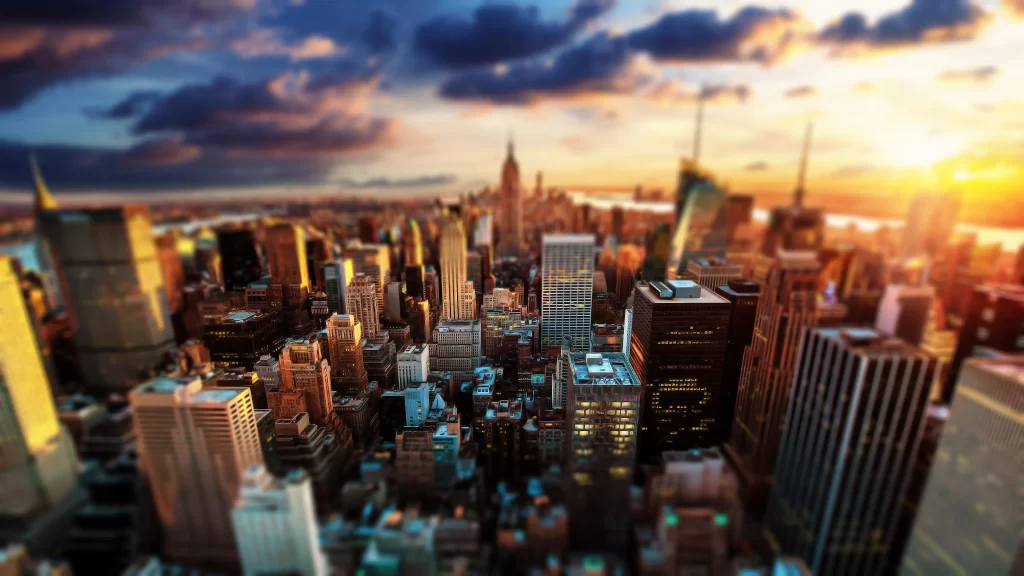 sunset cityscape skyscrapers urban landscape vibrant colors