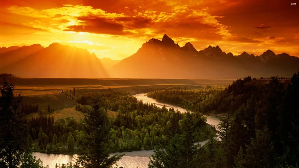 sunset mountains river forest sky clouds