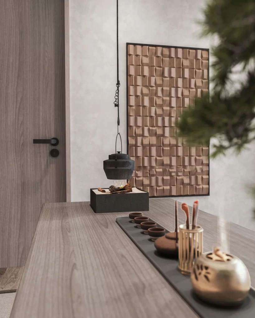 Tea Room Japanese Minimalist Wood Tones Low Furniture Soft Lighting
