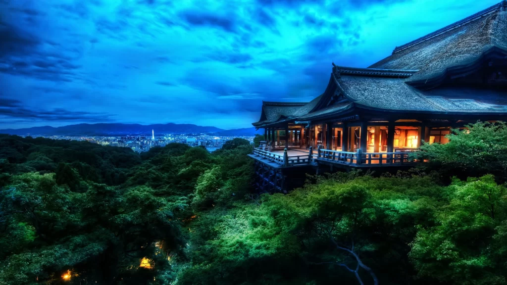 temple traditional architecture night cityscape nature lights serene cultural he