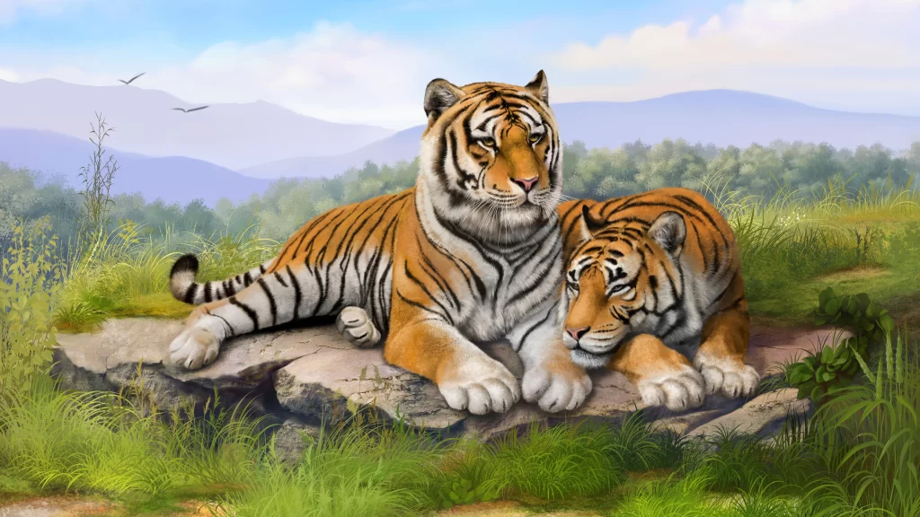 Tigers Nature Landscape Grass Mountains