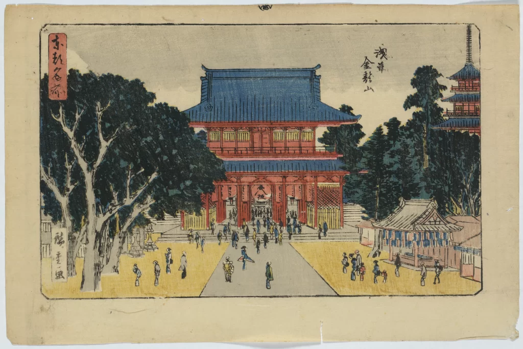 Traditional Architecture Red And Blue People Trees Historical Artistic Style