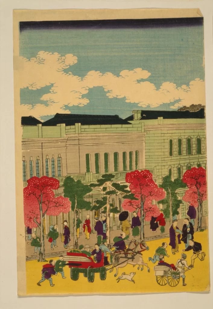 Traditional Art Historical Scene Horse-drawn Carriage Cherry Blossoms Urban Life Cultural Depiction