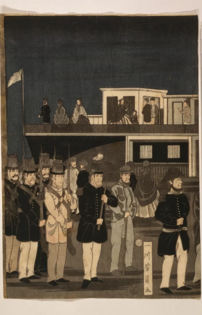 Traditional Art Historical Scene Military Uniforms Cultural Depiction Japanese Woodblock Print