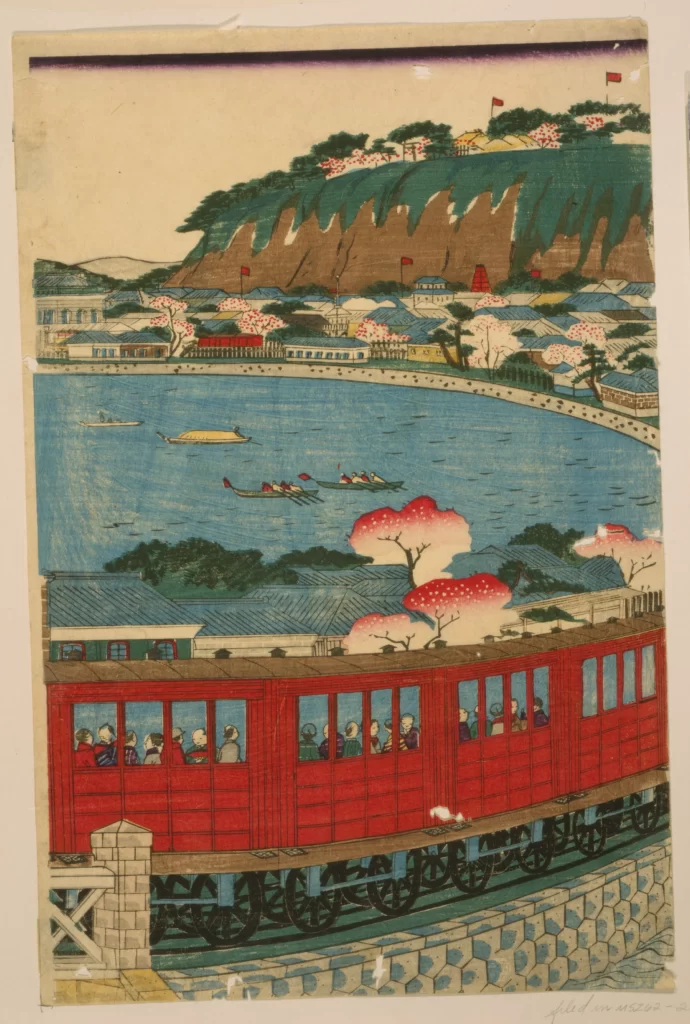 Traditional Art Landscape Train Boats Cherry Blossoms Architecture