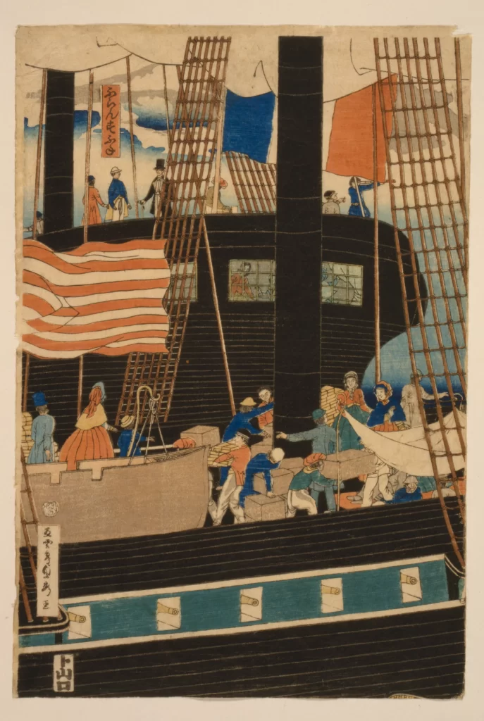 Traditional Art Ship People Flags Activity Historical Scene