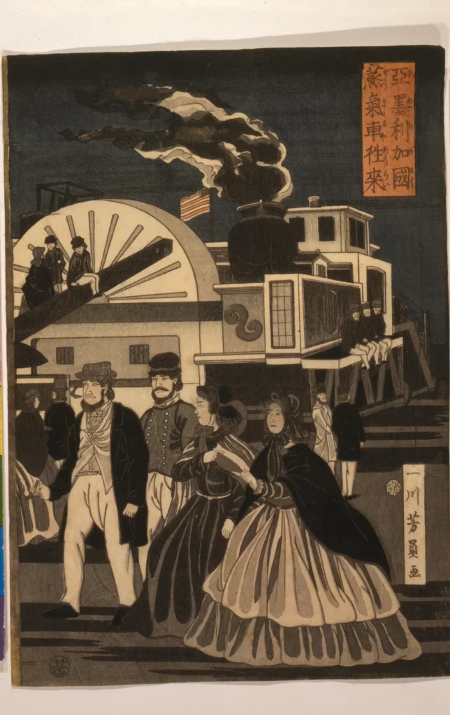 Traditional Art Steam Locomotive Historical Scene Japanese Culture Ukiyo-e