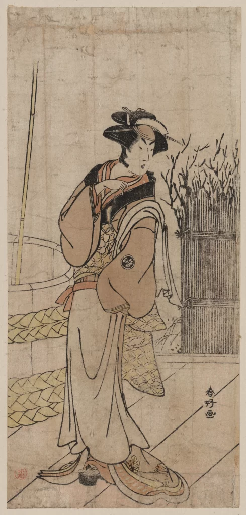 Traditional Attire Poised Figure Bamboo Fence Ornate Patterns Serene Expression Ukiyo-e