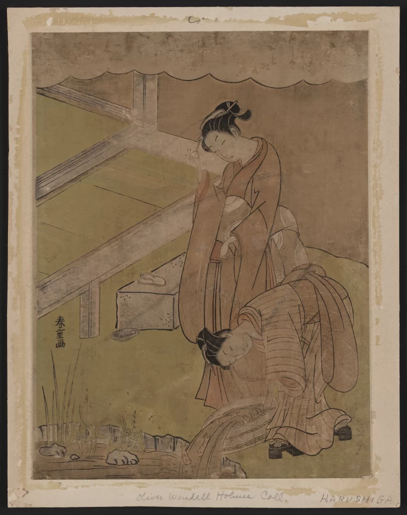 Traditional Attire Woman Water Stone Nature Harmony Ukiyo-e