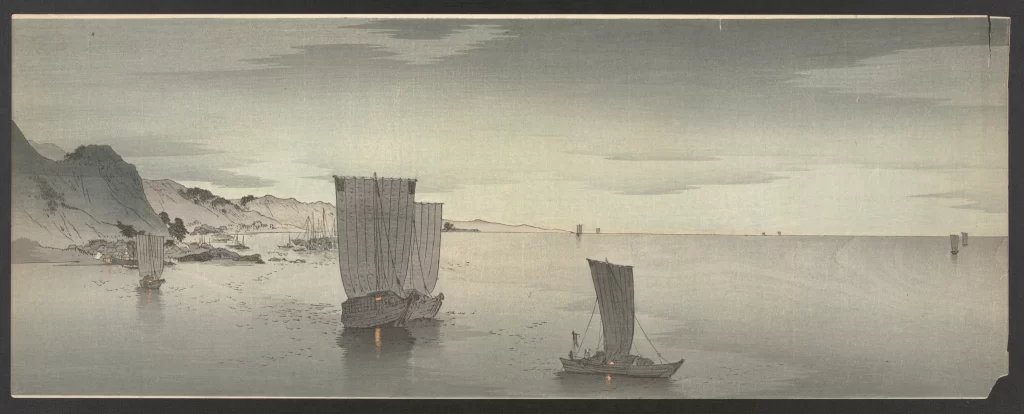 Traditional Boats Calm Water Mountainous Landscape Soft Colors Serene Atmosphere Japanese Art Style