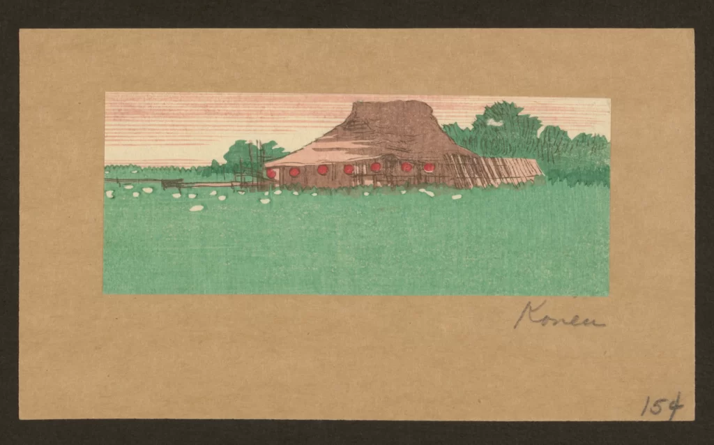 Traditional Building Green Landscape Red Accents Serene Atmosphere Artistic Style