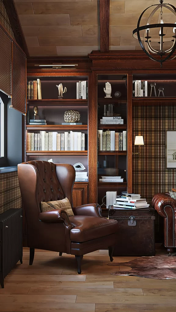 Traditional Gentleman Study With Leather Wingback Chair
