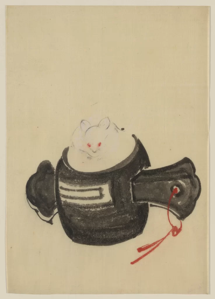 Traditional Ink Painting Black And White Red Accents Teapot Rabbit