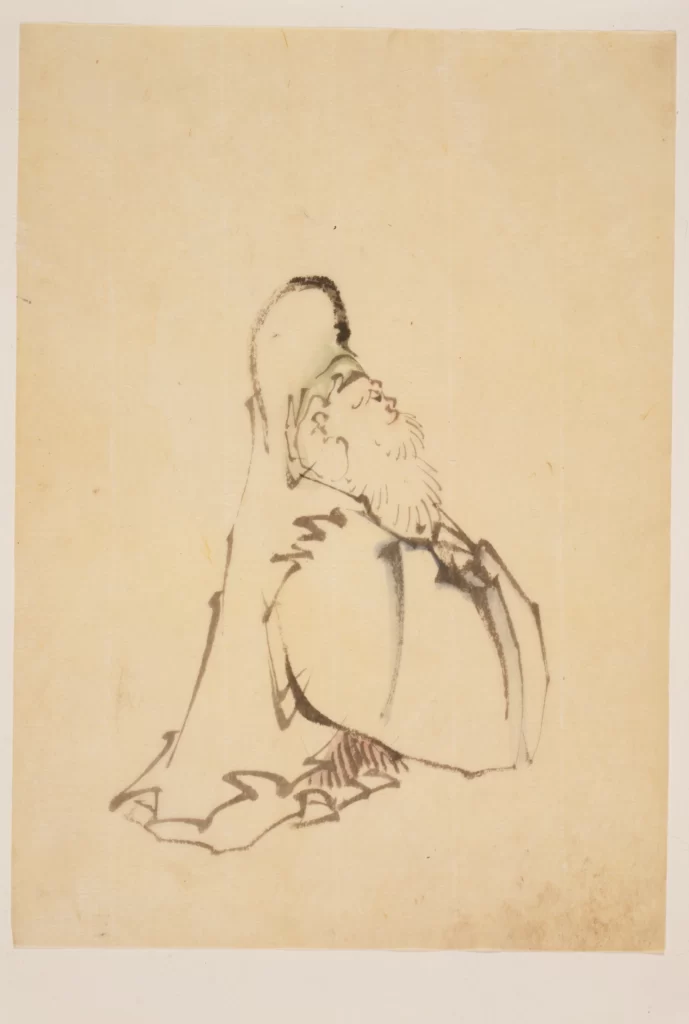 Traditional Ink Painting Contemplative Figure Flowing Robe Serene Expression Monochrome Art