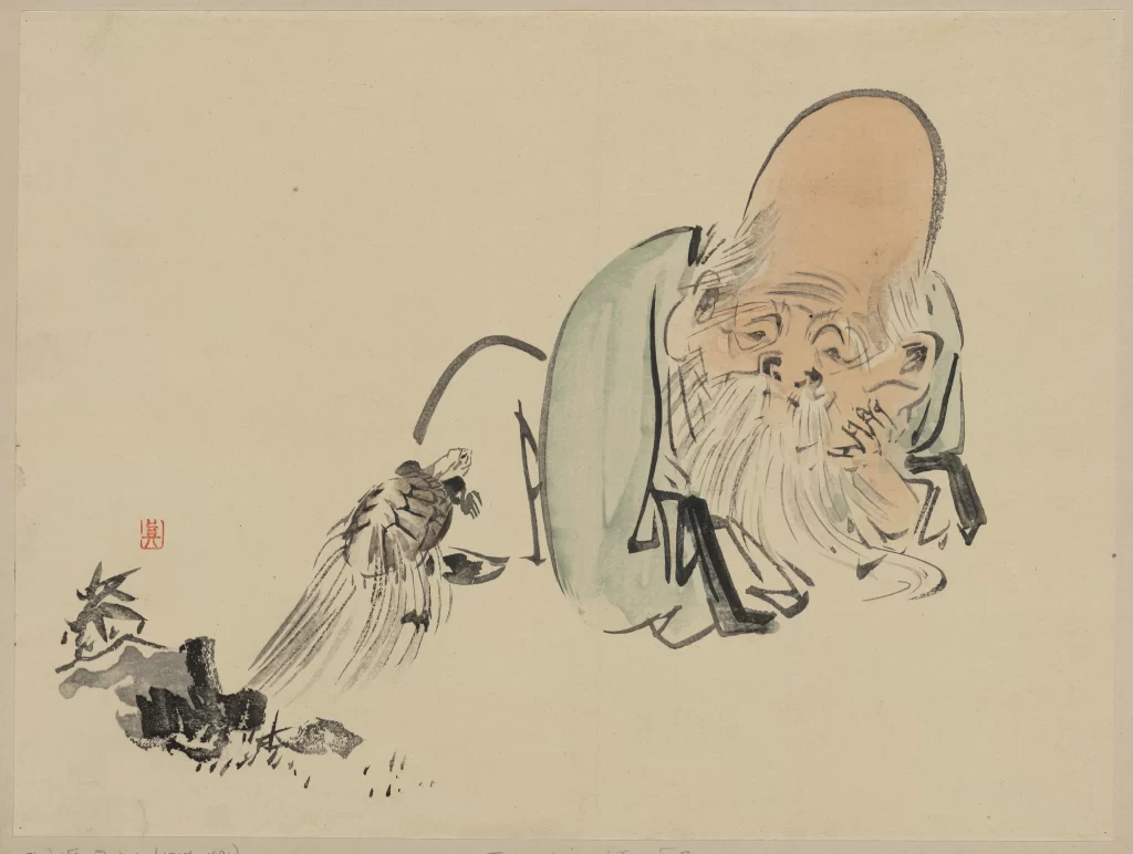 Traditional Ink Painting Elderly Figure Contemplative Pose Flowing Beard Monochromatic Tones Cultural Artistry