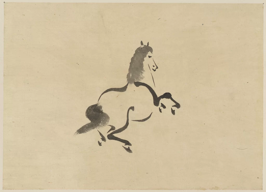 Traditional Ink Painting Horse Dynamic Pose Monochrome Brush Strokes Minimalist