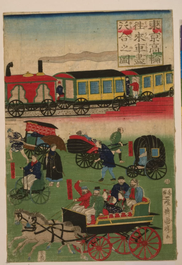 Traditional Japan Steam Train Horse-drawn Carriages People Cultural Scene