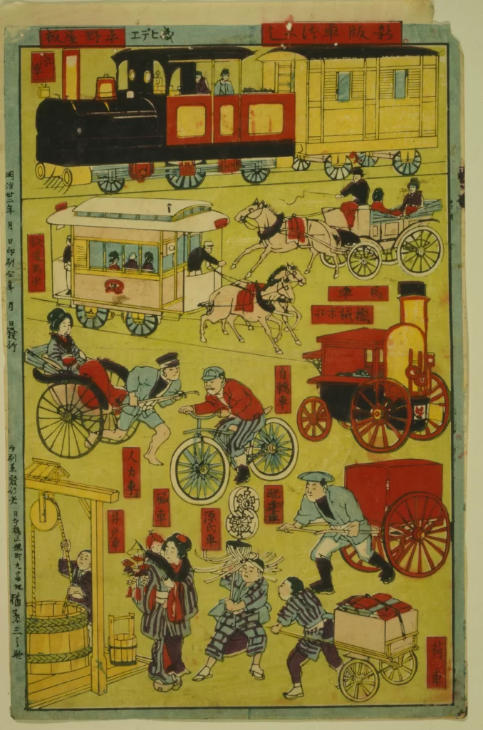 Traditional Japan Transportation Ukiyo-e Steam Locomotive Horse-drawn Carriages Bicycles Cultural Scene