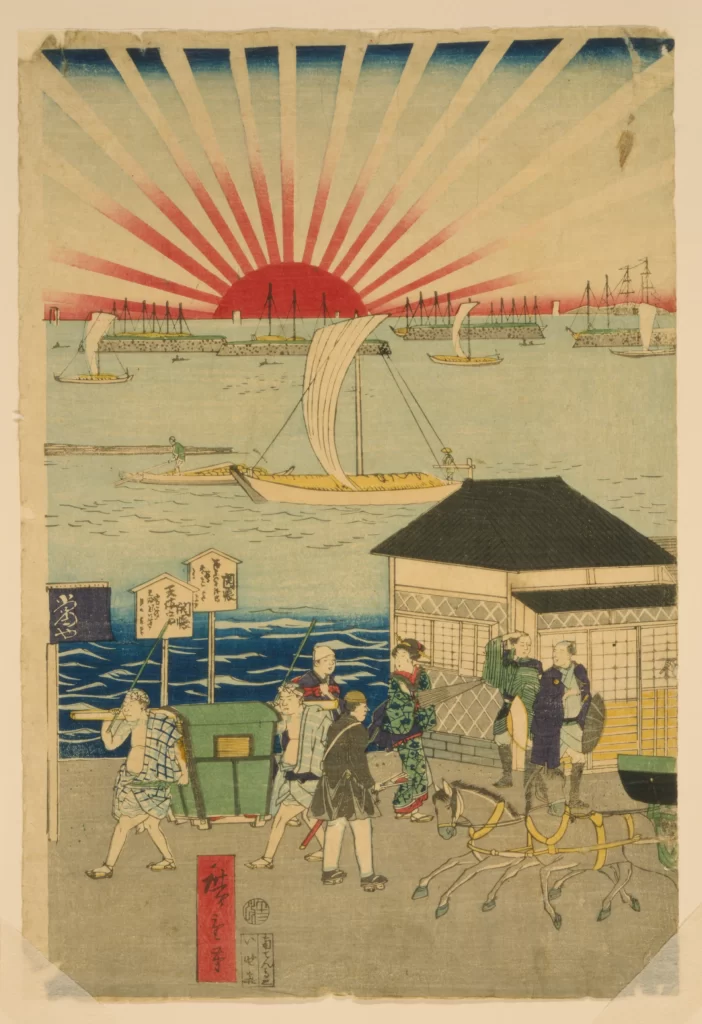 Traditional Japan Ukiyo-e Boats People Sunrise Architecture