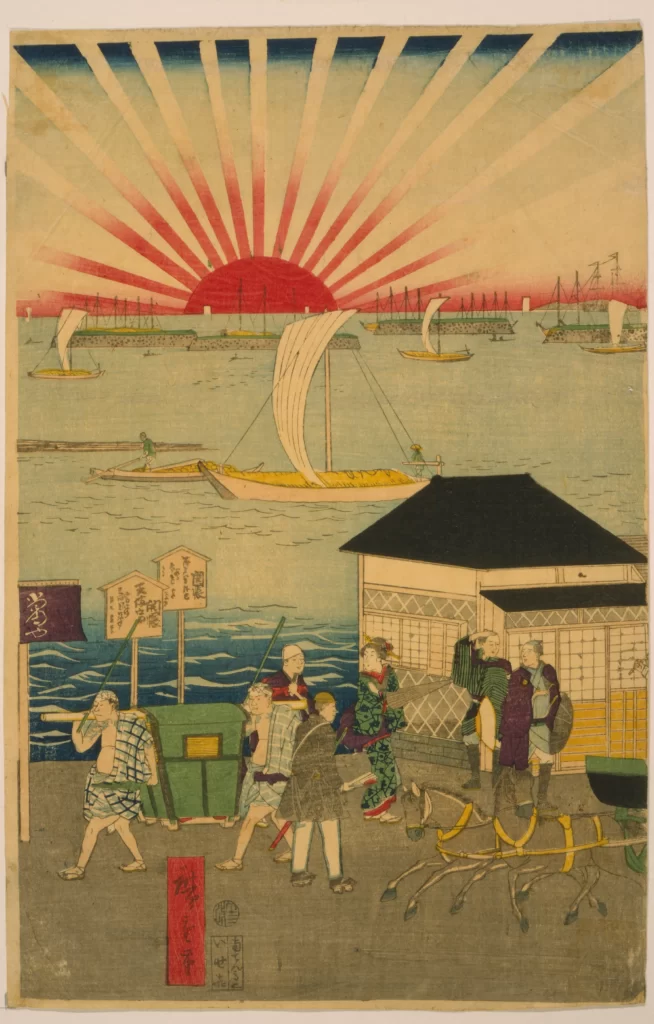 Traditional Japan Ukiyo-e Boats Sunrise People Architecture