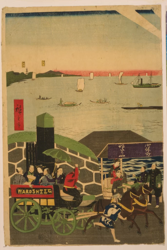 Traditional Japan Ukiyo-e Horse-drawn Carriage Boats Harbor Cultural Scene