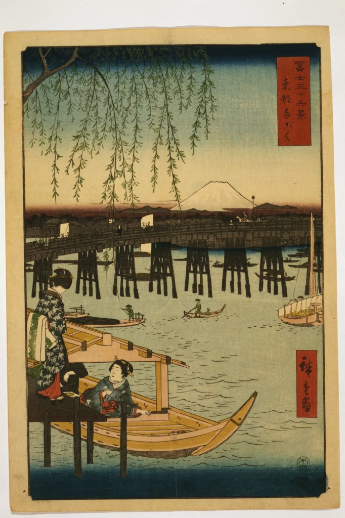 Traditional Japan Ukiyo-e Mount Fuji River Wooden Bridge