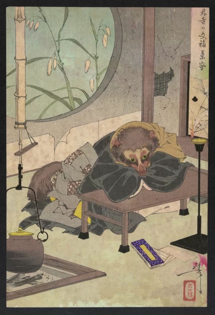 Traditional Japanese Art Anthropomorphic Animal Serene Cultural Elements Muted Colors Historical Setting