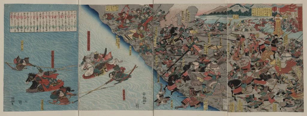 Traditional Japanese Art Battle Scene Vibrant Colors Historical Detailed Dynamic Composition