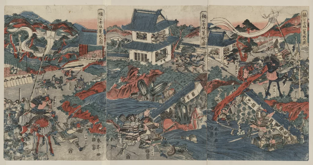 Traditional Japanese Art Battle Scene Warriors Red And Blue Dynamic Composition Historical Narrative