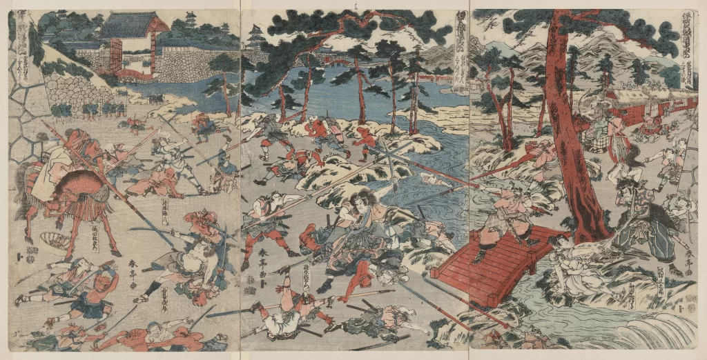 Traditional Japanese Art Battle Scene Warriors Red And Blue Dynamic Composition Historical Narrative