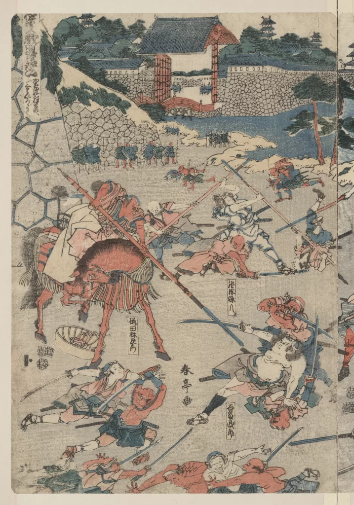 Traditional Japanese Art Battle Scene Warriors Red And Blue Dynamic Historical
