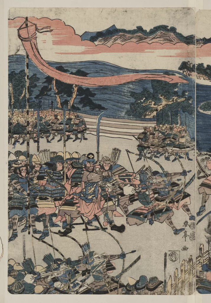Traditional Japanese Art Battle Scene Warriors Vibrant Colors Historical Dynamic Composition