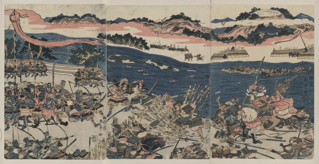 Traditional Japanese Art Battle Scene Warriors Vibrant Colors Historical Dynamic Composition