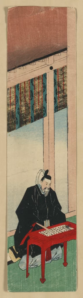 Traditional Japanese Art Black And Red Seated Figure Patterned Background Cultural Depiction