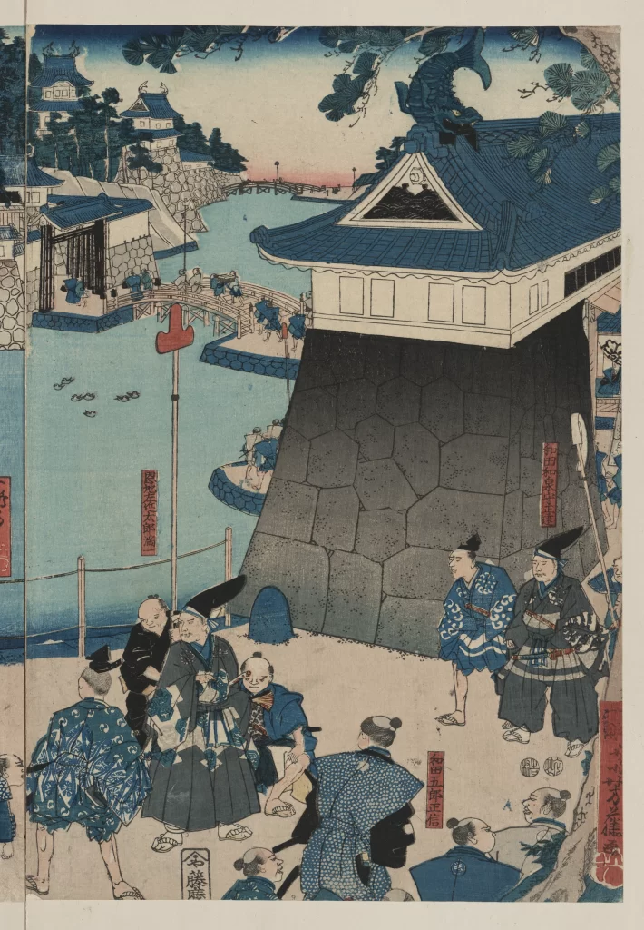Traditional Japanese Art Blue And White Historical Scene Castle People Cultural Heritage