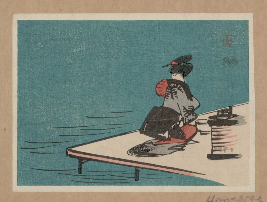 Traditional Japanese Art Blue Background Woman Black And White Red Accents Serene Setting